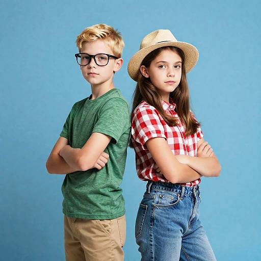 Serious Siblings Against Blue Background