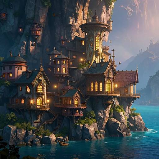 Fantasy image of illuminated, medieval-style cliff houses with steep roofs, nestled on rocky cliffs by a serene, blue ocean.