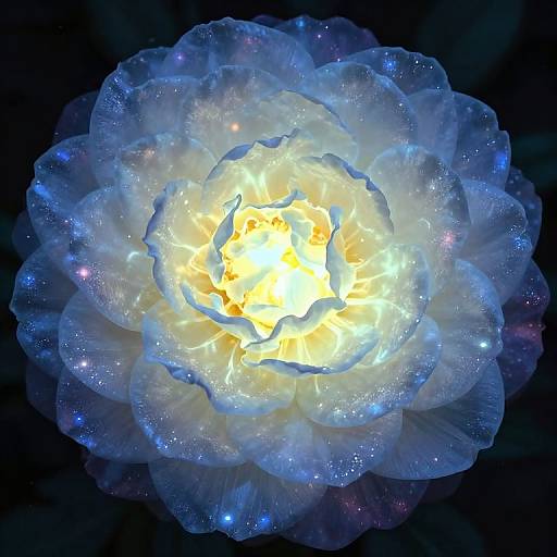 Digital art of a radiant blue and white glowing flower with intricate petals, sparkling like stars, against a dark background.