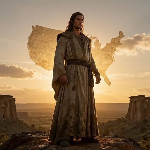 Photograph of a long-haired, bearded man in a dusty, brown robe with an angel wing silhouette at sunset over a desert landscape.
