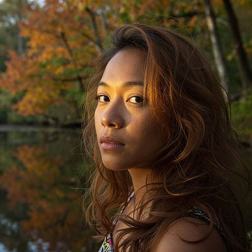 Photograph of a young woman with long, wavy brown hair, illuminated by warm sunlight, against a backdrop of autumn-colored trees and a reflective water