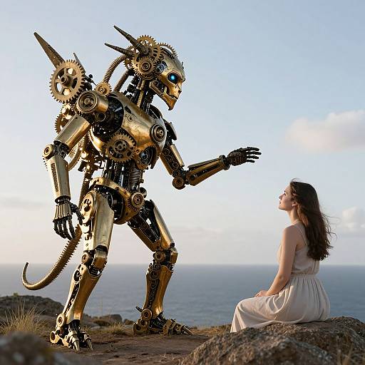 Photograph of a serene woman in a white dress sitting on a rocky cliff, gazing at a towering, golden, robotic creature with gears and metal