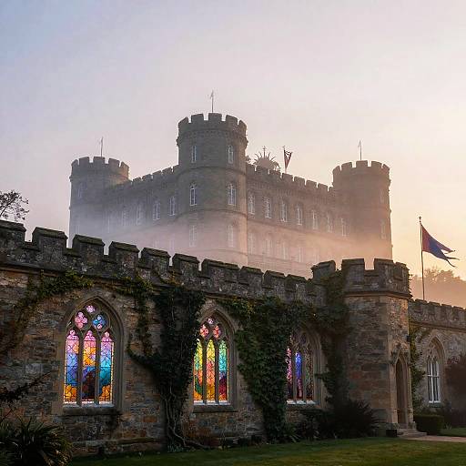 Photograph of a misty, medieval stone castle at sunset, featuring colorful stained glass windows and a fluttering flag on the right.