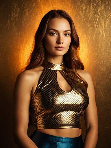 Woman Wearing Metallic Gold Halterneck Crop Top