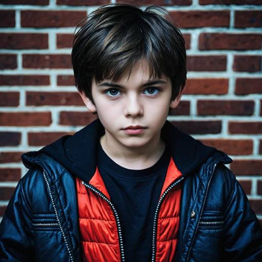 Serious boy in red jacket against brick wall