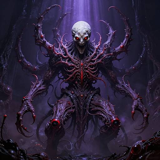 Digital artwork of a terrifying, skeletal creature with glowing red eyes, dark tentacle-like arms, and blood-red accents, illuminated by eerie blue-purple light