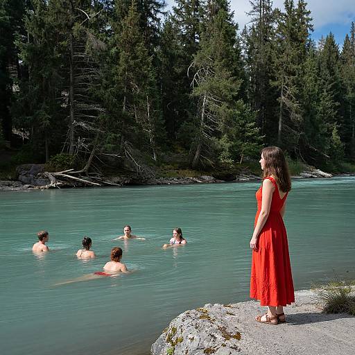 Photograph of a woman in a red dress standing on a rocky shore, watching five people swimming in a turquoise forest lake. Dense evergreen trees in