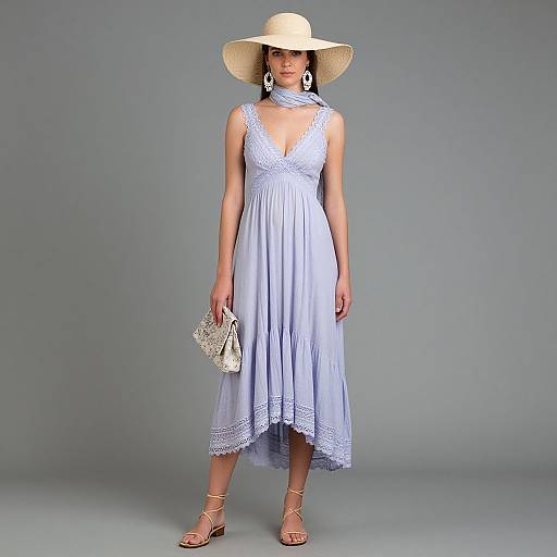 Photograph of a woman in a light blue, sleeveless, lace-trimmed dress, beige wide-brim hat, gold sandals, and white