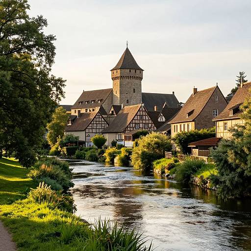 Photograph of a picturesque medieval village with timber-framed houses, a tall stone tower, and a flowing river surrounded by lush greenery.
