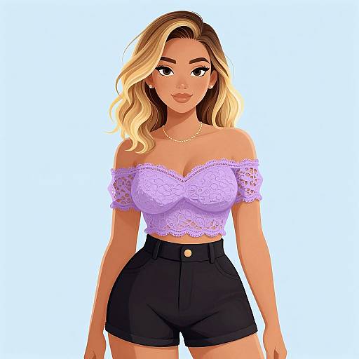 Digital illustration of a blonde woman with wavy hair, wearing a lavender lace off-shoulder top and black high-waisted shorts.