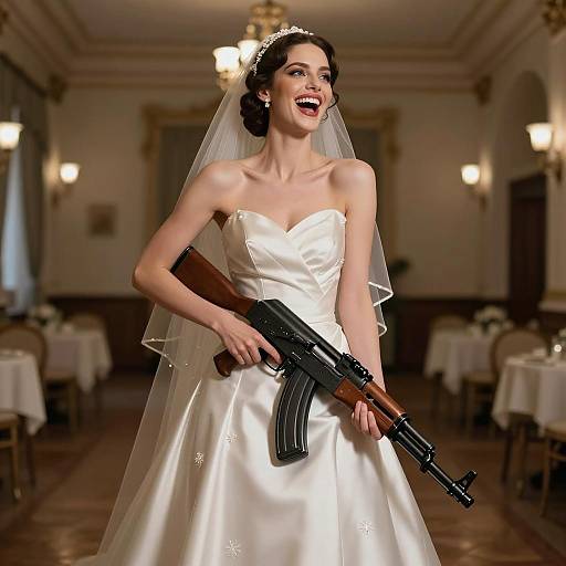Bride Holding AK-47 Rifle in Reception Hall