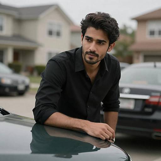 Handsome Man Leaning on Green Car