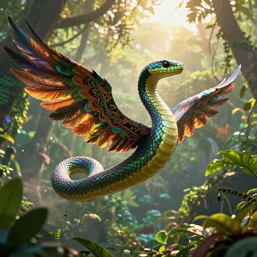 Digital artwork of a vibrant, iridescent snake with colorful, feathered wings soaring through a lush, sunlit jungle. Detailed scales and intricate feather