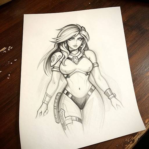 Black-and-white ink sketch of a sexy, armored woman with long hair, large breasts, and detailed gear, lying on a wooden surface.