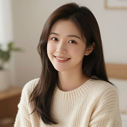 Photograph of a young Asian woman with long black hair, smiling, wearing a white knit sweater, in a bright, minimalist room.