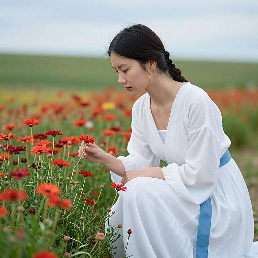 Photograph of an Asian woman with black hair in a white dress, crouching in a vibrant red flower field, gently touching a bloom.