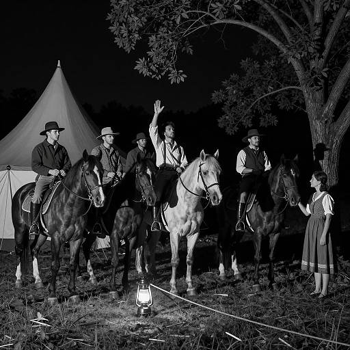 Nighttime Camp Scene with Horses and Men