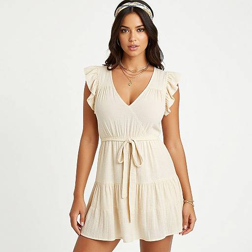 Photograph of a confident woman with medium skin tone and long black hair, wearing a white, short-sleeved, V-neck dress with a bow