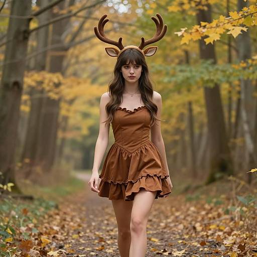 Young Woman in Brown Deer Costume Walking in Forest