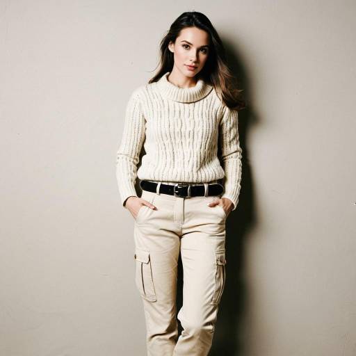 Woman in Cream Cable-Knit Sweater and Beige Cargo Pants