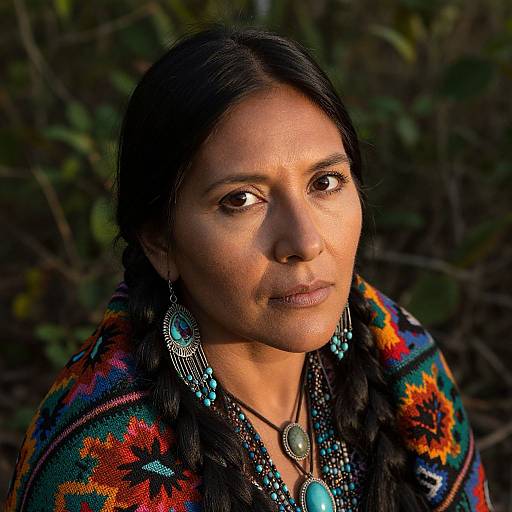 Photograph of a Native American woman with dark hair in braids, wearing a colorful, patterned shawl and turquoise jewelry, standing against a forest