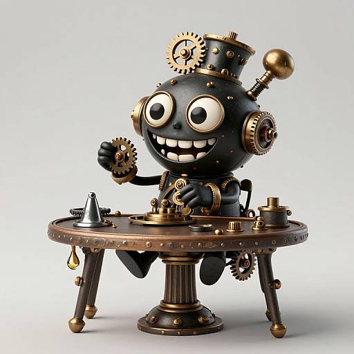 Steampunk-style, black, gear-adorned robot with wide eyes and a toothy grin, sitting at a brass table with gears and a