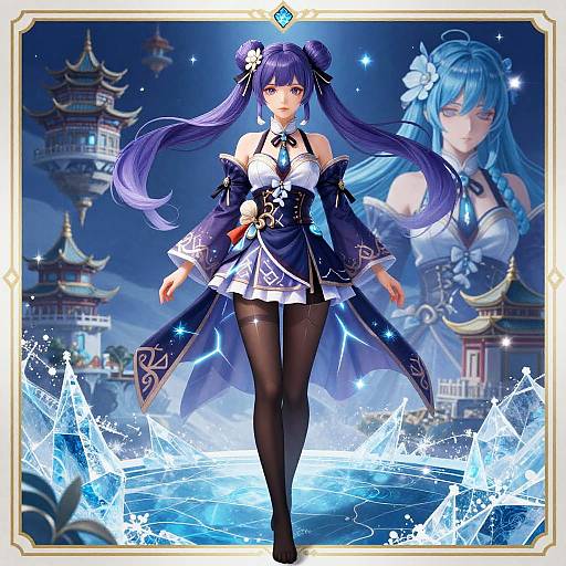 Digital anime artwork of a purple-haired, blue-eyed, long-haired woman in a dark blue and white magical outfit, standing on ice shards with a glowing