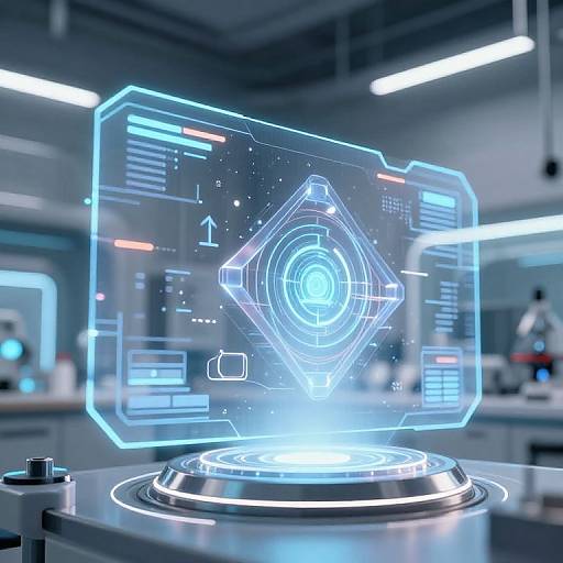 CGI image of a futuristic, glowing holographic interface with blue neon lines, centered on a metallic circular platform in a high-tech laboratory.