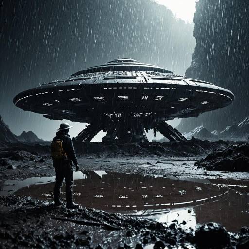 Futuristic Archaeologist and Alien Spaceship in Rain