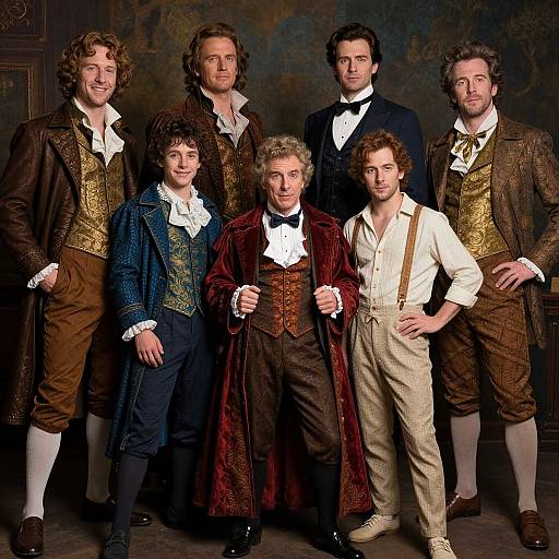 Photograph of six men in 18th-century attire, including waistcoats, breeches, and ruffled shirts, standing against a dark,