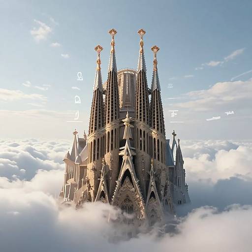 Photorealistic CGI of a towering, Gothic-style cathedral with intricate spires and gold accents, surrounded by fluffy clouds in a bright, blue sky.