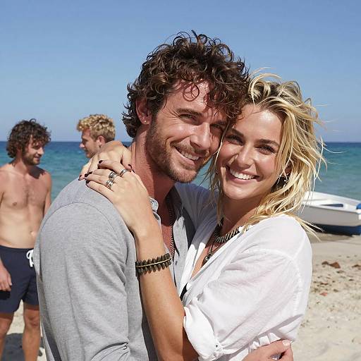 Joyful Beach Embrace Under Clear Sky