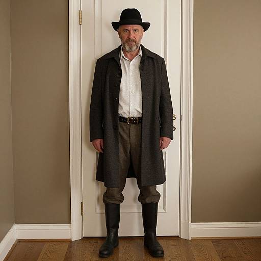 Photograph of an older white man with a beard, wearing a black hat, long dark coat, white shirt, brown pants, and black boots,