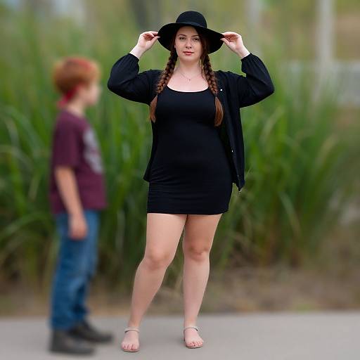 Photograph of a curvy woman with long braids, black dress, and hat, standing confidently in foreground, with a blurred red-haired boy in