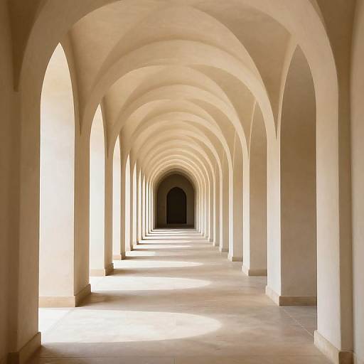 Photograph of a sunlit, symmetrical, cream-colored arched corridor with repeating arches creating a tunnel-like perspective, leading to a darkened