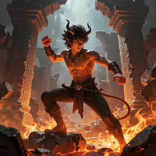 Young Demon Emerging from Ancient Ruins