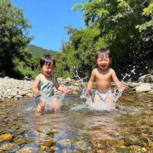 Photograph of two Asian boys, one in a blue tank top and the other shirtless, joyfully splashing in a clear, rocky stream,