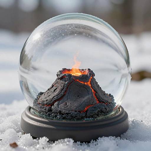 Photograph of a glass snow globe with a small, glowing, black lava rock inside, set on a dark base, surrounded by snowy ground.