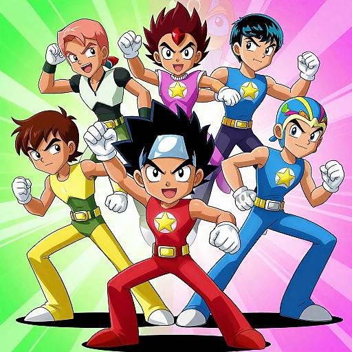 Digital anime-style drawing of six energetic, colorful fighters in dynamic poses, each wearing unique outfits with star emblems, against a radiant green-to-pink