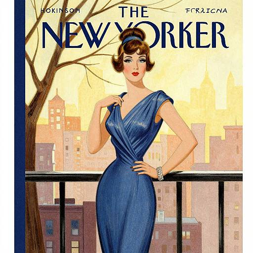Vintage-style magazine cover illustration of a glamorous woman in a blue, V-neck dress, standing on a balcony with cityscape background. Text reads 