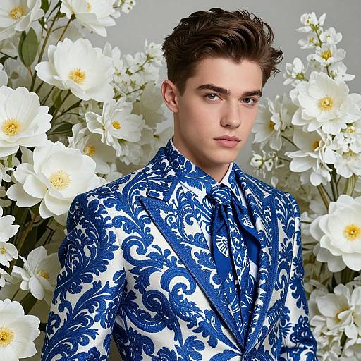 Photograph of a young man with dark brown hair, wearing a blue and white ornate patterned suit, standing among white flowers.