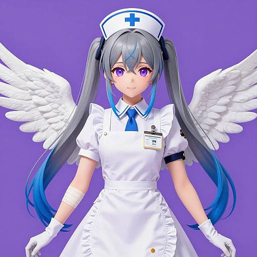 Digital anime-style drawing of a cute female nurse with long gray-blue twin-tails, white wings, and a blue cross hat, wearing a white uniform