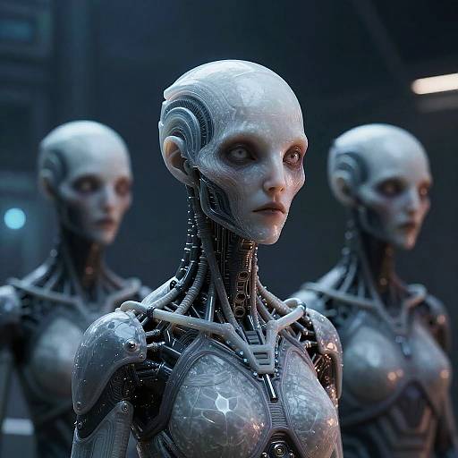 Photorealistic CGI of three humanoid robots with glossy, metallic skin, blue-lit background, and intricate circuitry details. Foreground robot gazes