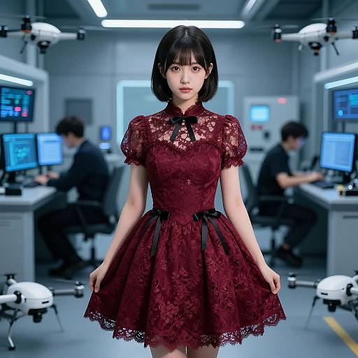 Photograph of an East Asian woman with short black hair in a lace, maroon, short-sleeve dress, standing in a futuristic, tech