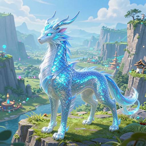 Digital artwork of a glowing blue and white dragon with crystal scales standing on a grassy cliff, overlooking a vibrant, fantastical landscape with mountains, temples