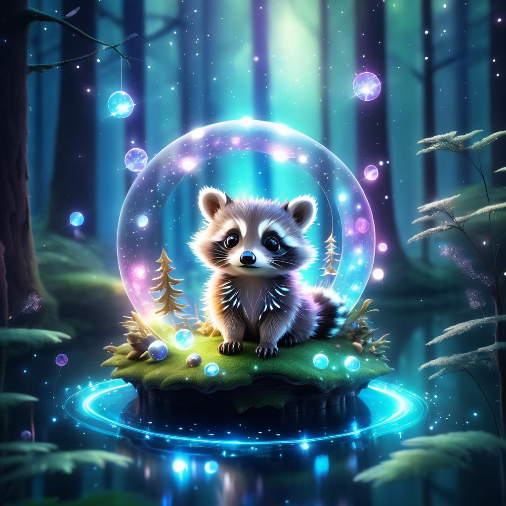 Whimsical Floating Raccoon in Ethereal Forest