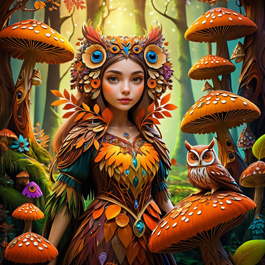 Whimsical Owl Girl in a Fungal Wonderland