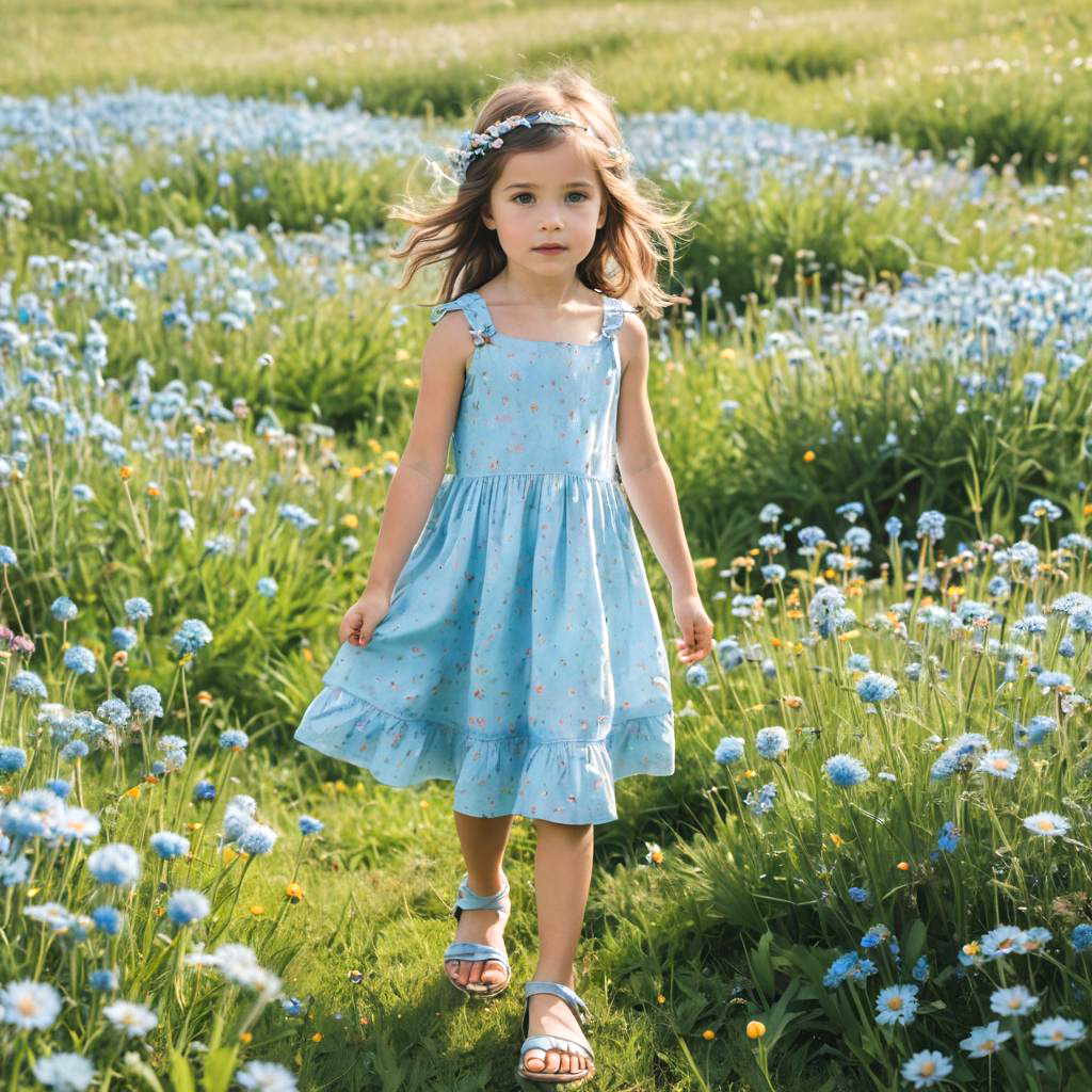 Petite Girl in Sky Blue Sandals in Meadow