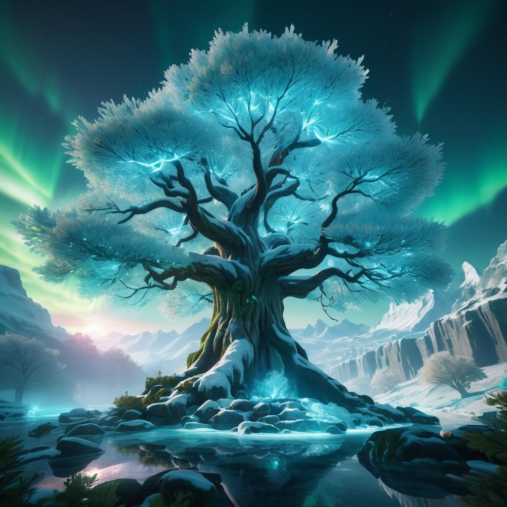 Majestic Ice Tree in Fantasy Landscape