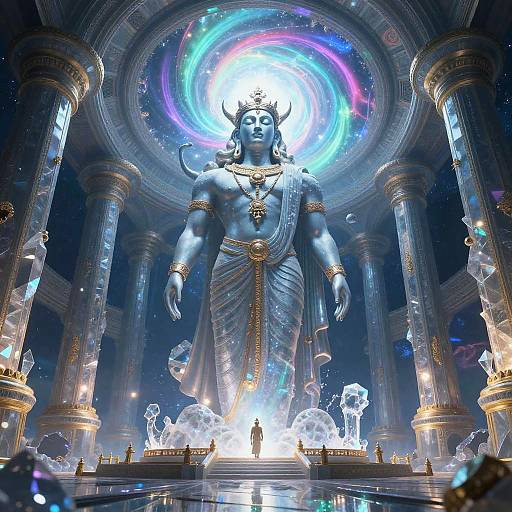 Digital artwork of a towering, blue-skinned deity with horns, wearing a white drape and gold jewelry, surrounded by glowing columns and swirling celestial lights